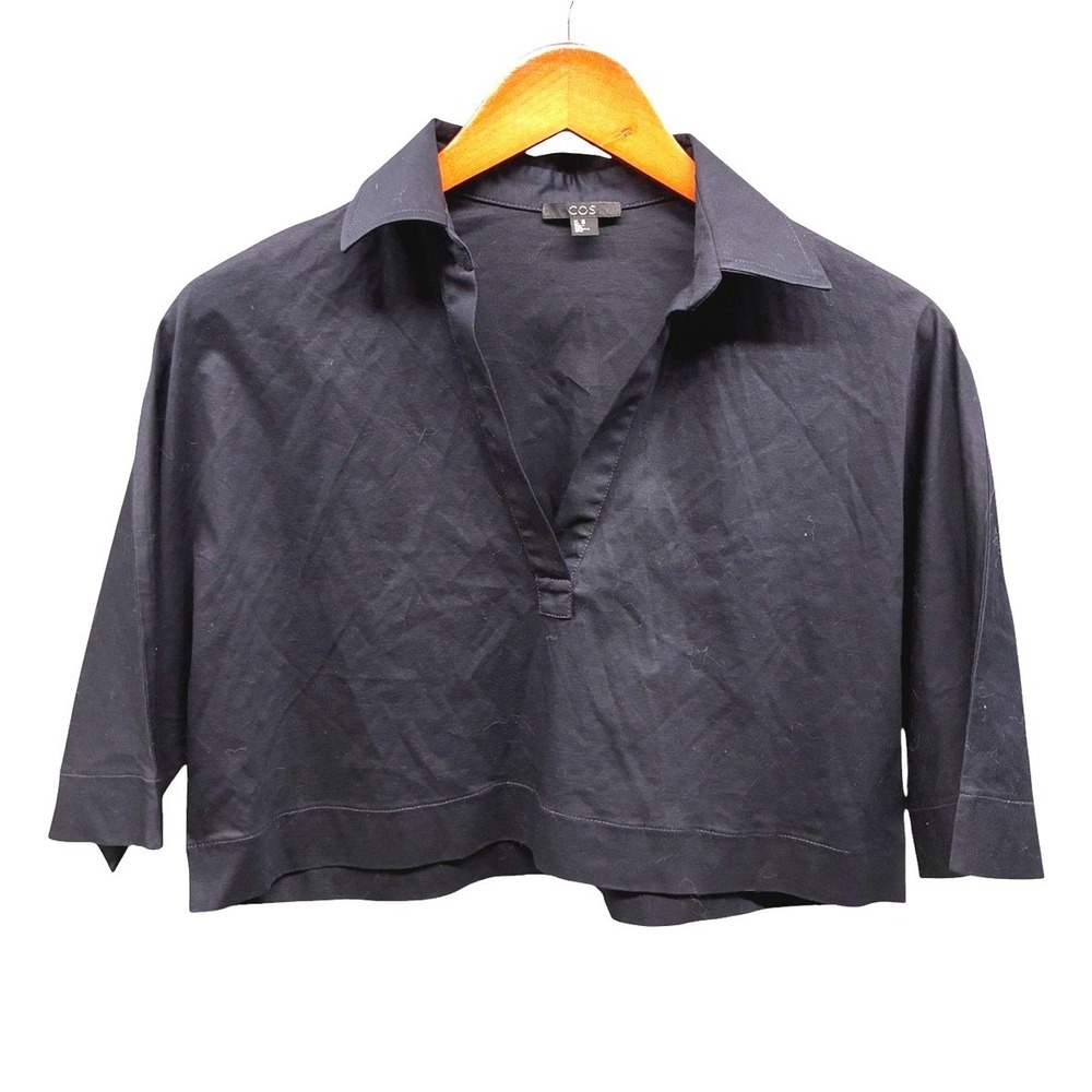 COS Cropped Boxy Popover Shirt Womens XS Dark Navy Short Sleeve V Neck Cotton